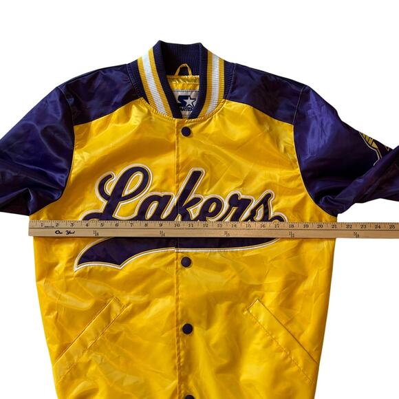 Starter LA Los Angeles Lakers Bomber Jacket Mens Size Small Yellow Satin Snap - Picture 13 of 14